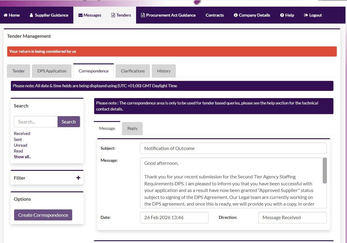Atamis procurement portal showing Notification of Outcome: I am pleased to inform you that you have been successful with your application and as a result have now been granted Approved Supplier status, Second Tier Agency Staffing Requirements DPS.